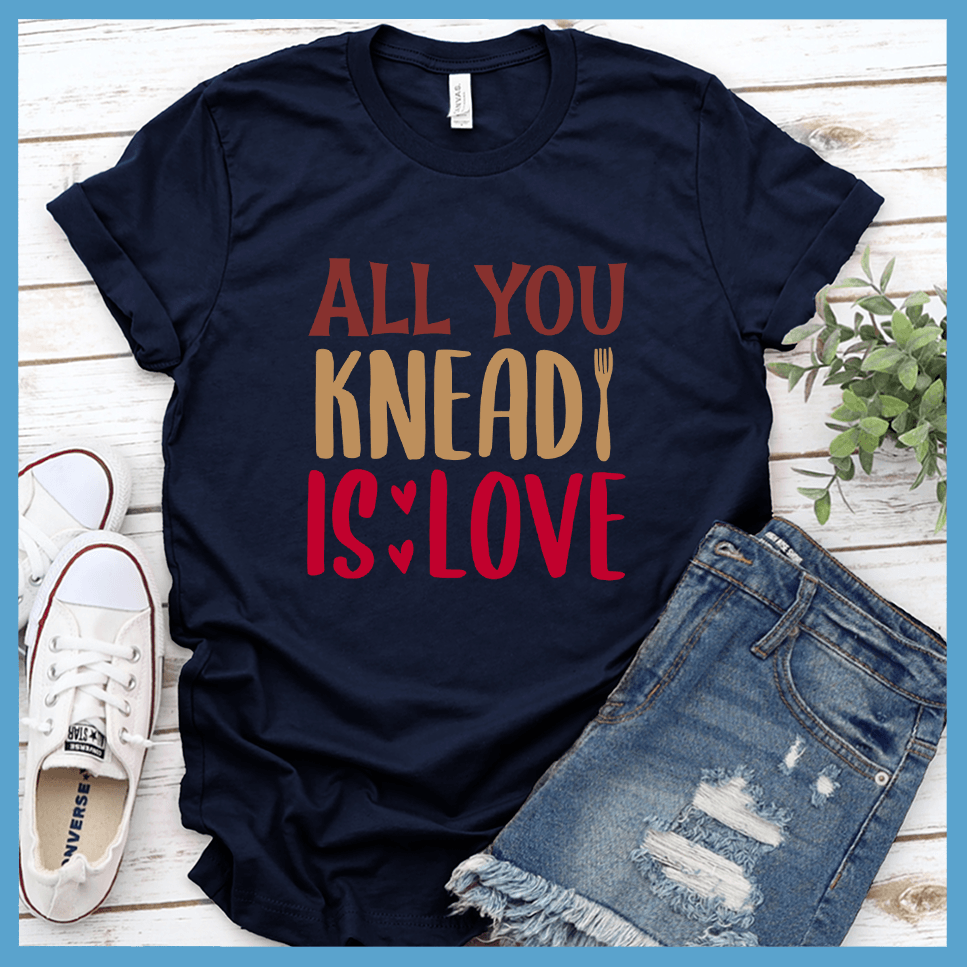 All You Knead Is Love T-Shirt Colored Edition Solid Navy Blend - Graphic tee with fun pun 'All You Knead Is Love' for casual bakery-themed fashion