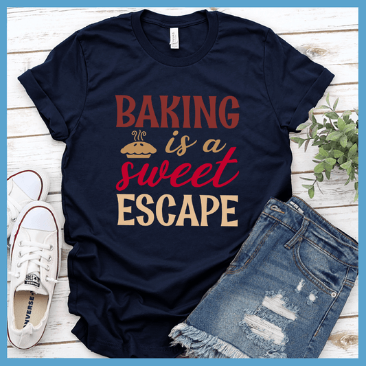 Baking Is A Sweet Escape T-Shirt Colored Edition Solid Navy Blend - Fun "Baking Is A Sweet Escape" typography design on a comfortable t-shirt for baking enthusiasts