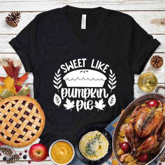 Sweet Like Pumpkin Pie V-Neck Black - Graphic V-neck tee with 'Sweet Like Pumpkin Pie' design, perfect for autumn style.