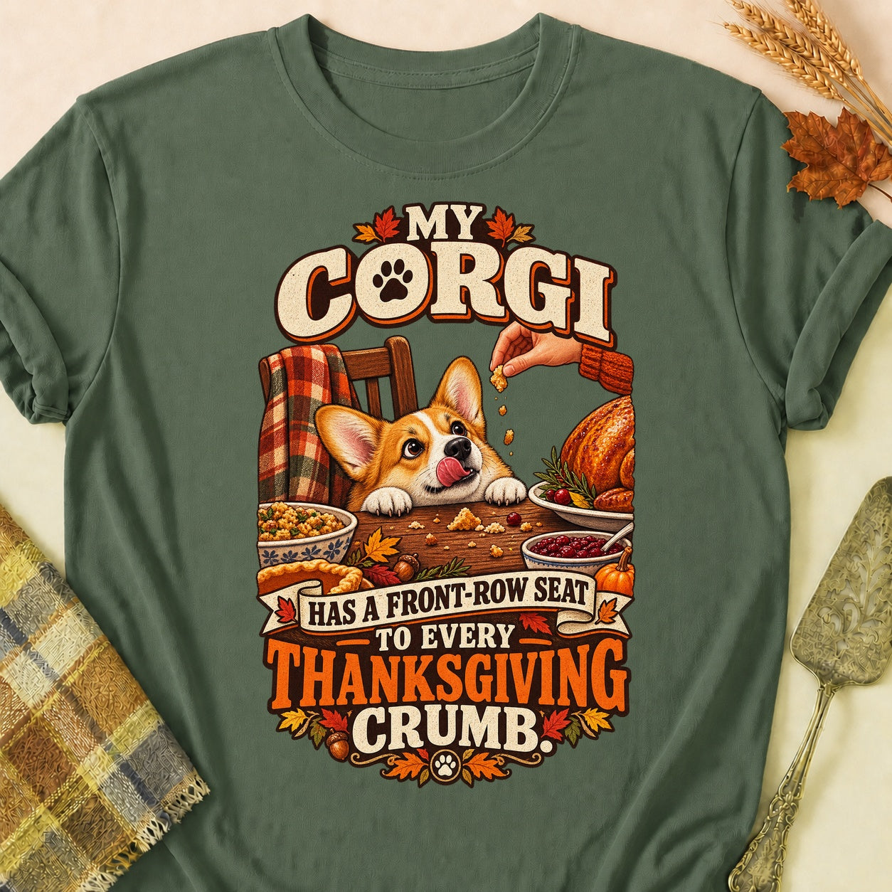 Front-Row Corgi T-shirt - Military Green - Brooke & Belle