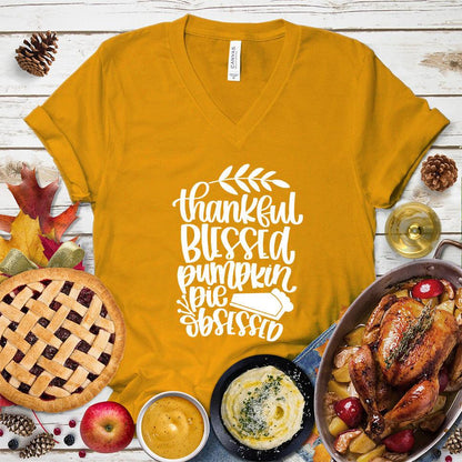 Thankful Blessed Pumpkin Pie Obsessed V-Neck Mustard - Typography of 'Thankful Blessed Pumpkin Pie Obsessed' on V-Neck Tee