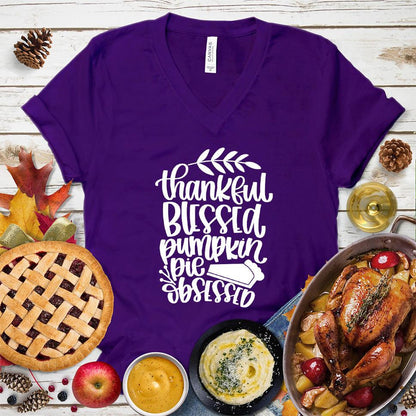 Thankful Blessed Pumpkin Pie Obsessed V-Neck Team Purple - Typography of 'Thankful Blessed Pumpkin Pie Obsessed' on V-Neck Tee