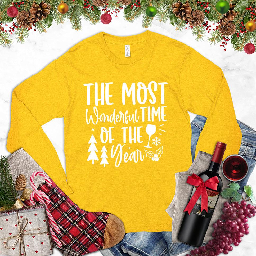 The Most Wonderful Time of the Year Long Sleeves Gold - Cheerful holiday-themed long sleeve shirt with festive graphic design.
