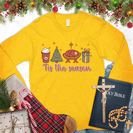 Tis The Season Christmas Colored Edition Long Sleeves Gold - Holiday-themed long sleeve shirt with Christmas decorations and "Tis the season" quote.