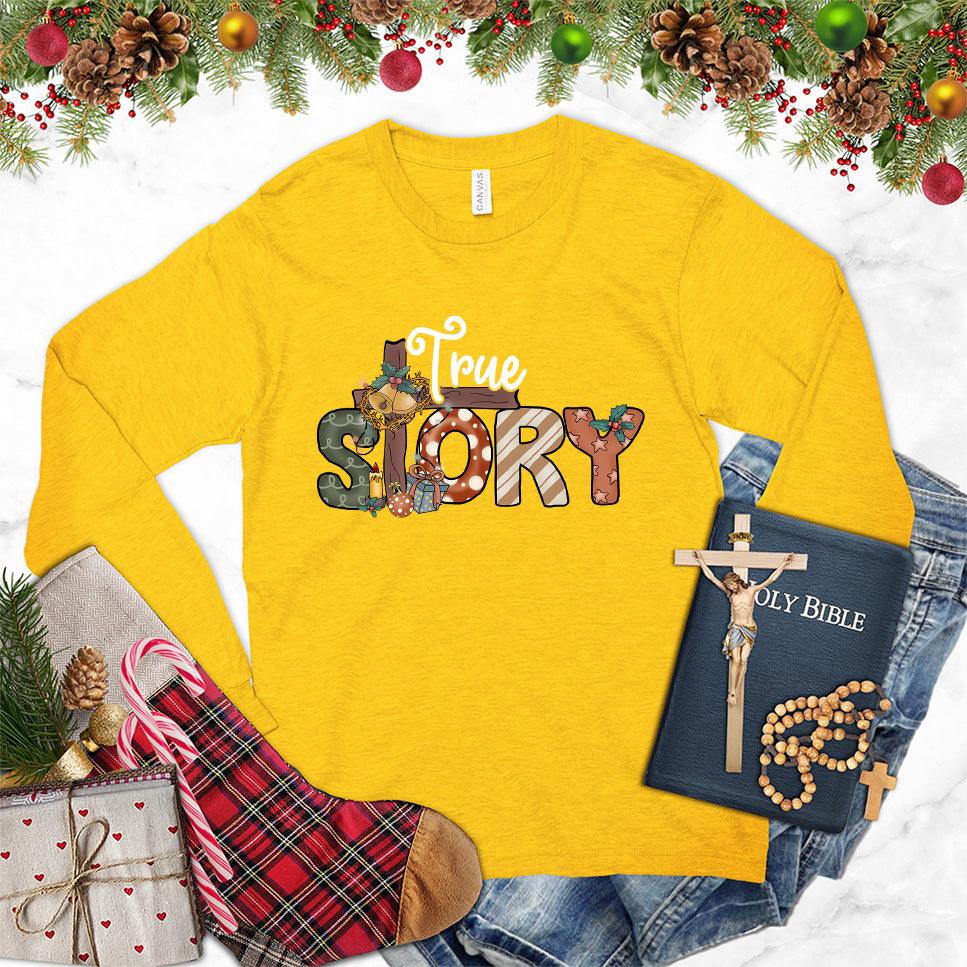 True Story Colored Edition Long Sleeves Gold - Unisex long sleeve tee with "True Story" text design and creative storytelling elements