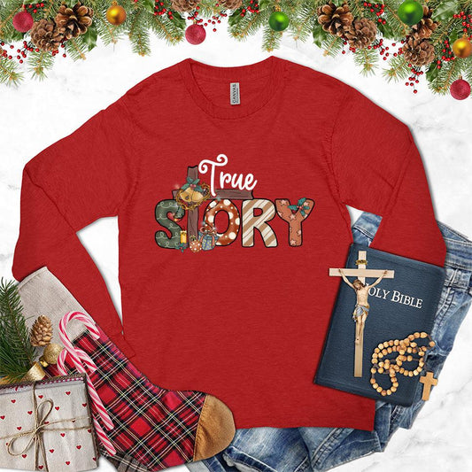 True Story Colored Edition Long Sleeves Red - Unisex long sleeve tee with "True Story" text design and creative storytelling elements