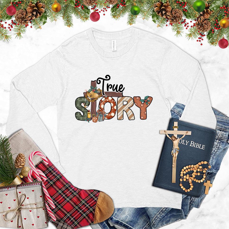 True Story Colored Edition Long Sleeves White - Unisex long sleeve tee with "True Story" text design and creative storytelling elements