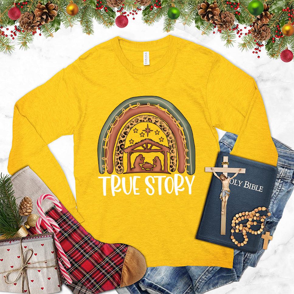 True Story Version 2 Colored Edition Long Sleeves Gold - Graphic long sleeve tee with "True Story" motif for storytelling enthusiasts.