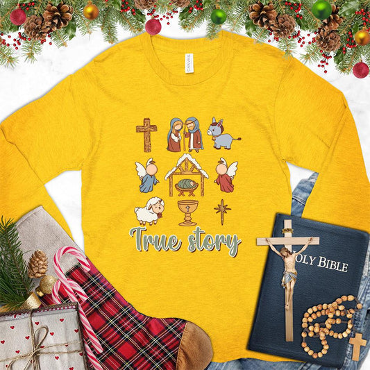 True Story Version 3 Colored Edition Long Sleeves Gold - Design-focused graphic on long sleeve tee showcasing whimsical icons and poignant storytelling elements.