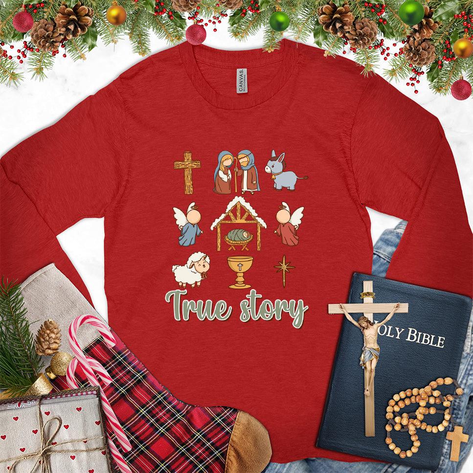True Story Version 3 Colored Edition Long Sleeves Red - Design-focused graphic on long sleeve tee showcasing whimsical icons and poignant storytelling elements.