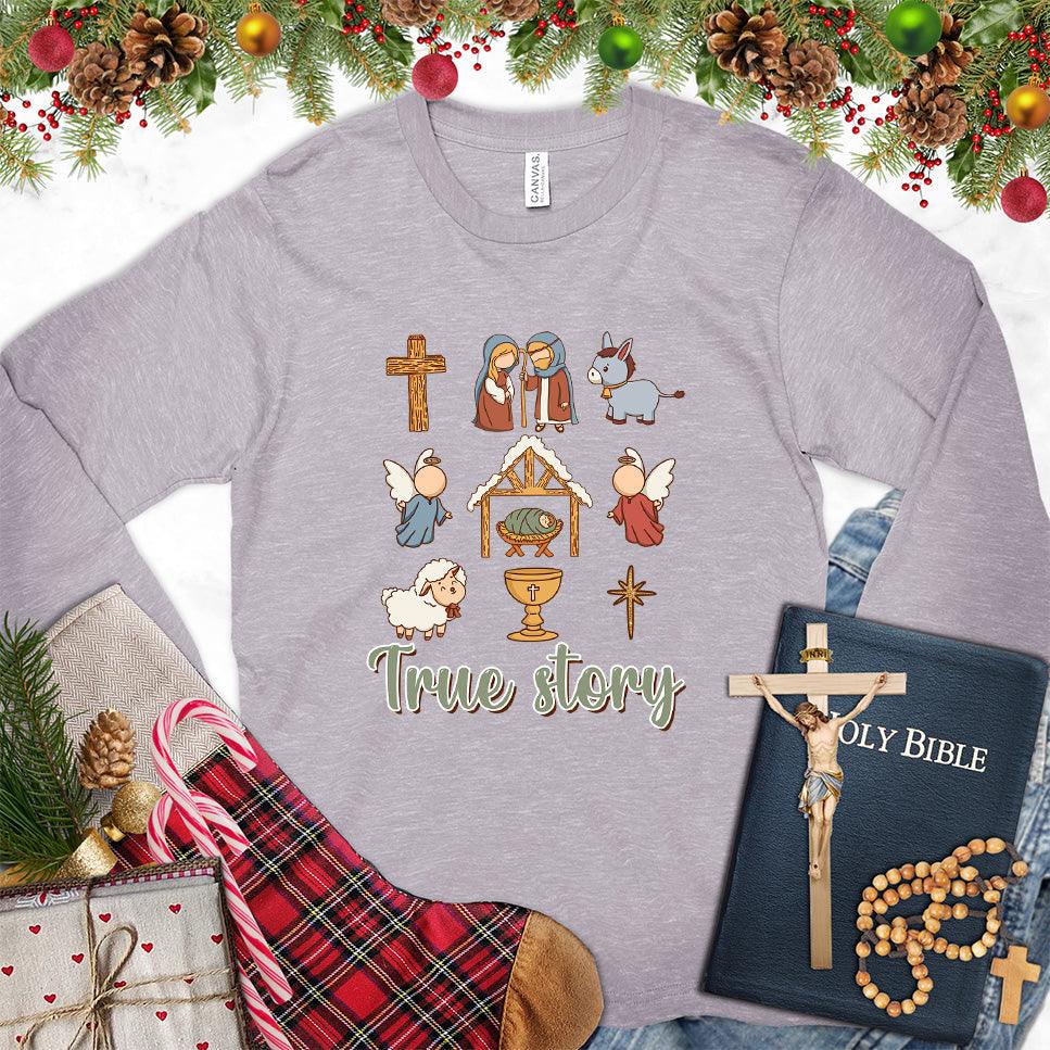 True Story Version 3 Colored Edition Long Sleeves Storm - Design-focused graphic on long sleeve tee showcasing whimsical icons and poignant storytelling elements.