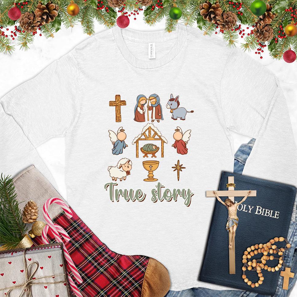 True Story Version 3 Colored Edition Long Sleeves White - Design-focused graphic on long sleeve tee showcasing whimsical icons and poignant storytelling elements.