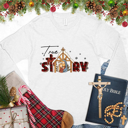 True Story Version 4 Colored Edition Long Sleeves White - Graphic long sleeve tee with captivating story-driven design, perfect for casual wear.