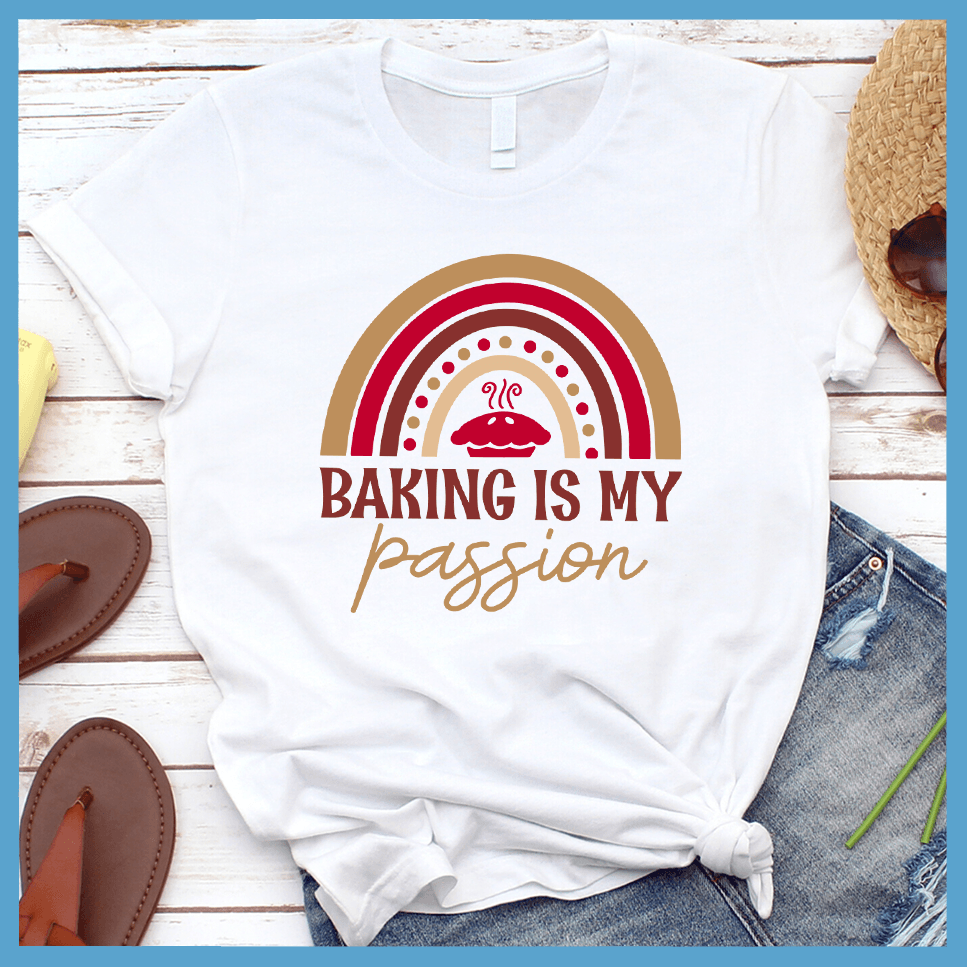 Baking Is My Passion T-Shirt Colored Edition White - Graphic tee with 'Baking Is My Passion' text and colorful whisk design, perfect for culinary enthusiasts.