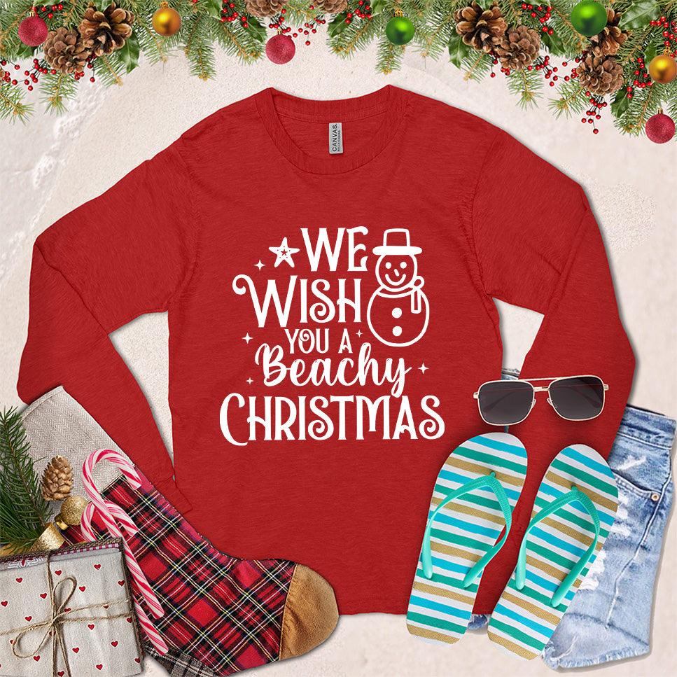 We Wish You A Beachy Christmas Long Sleeves Red - Long sleeve holiday shirt with "We Wish You A Beachy Christmas" festive design
