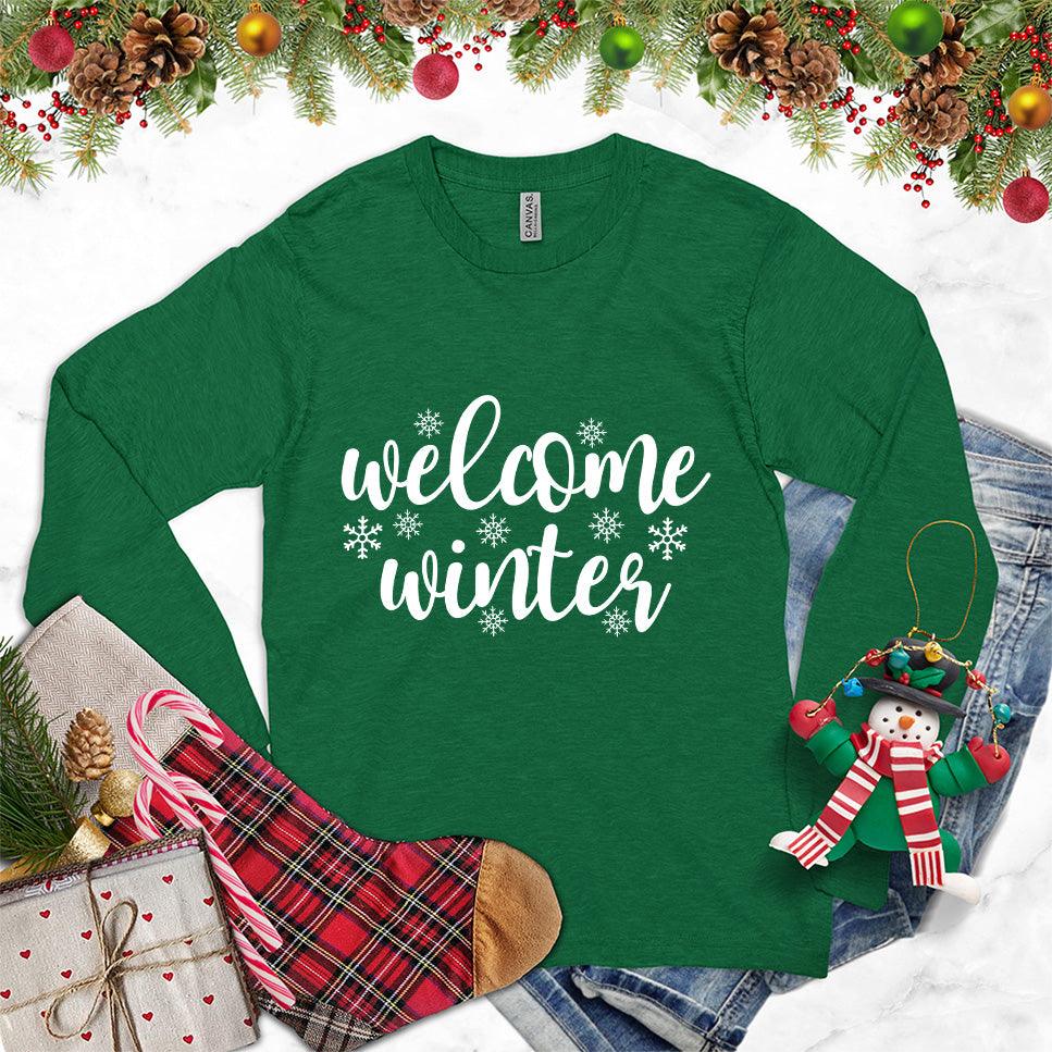 Welcome Winter Long Sleeves Kelly - Stylish unisex long sleeve shirt with "Welcome Winter" script and snowflake designs, ideal for seasonal fashion.