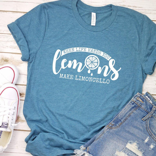 When Life Hands You Lemons Make Limoncello T-Shirt Heather Deep Teal - Graphic tee with 'When Life Hands You Lemons Make Limoncello' phrase and lemon design