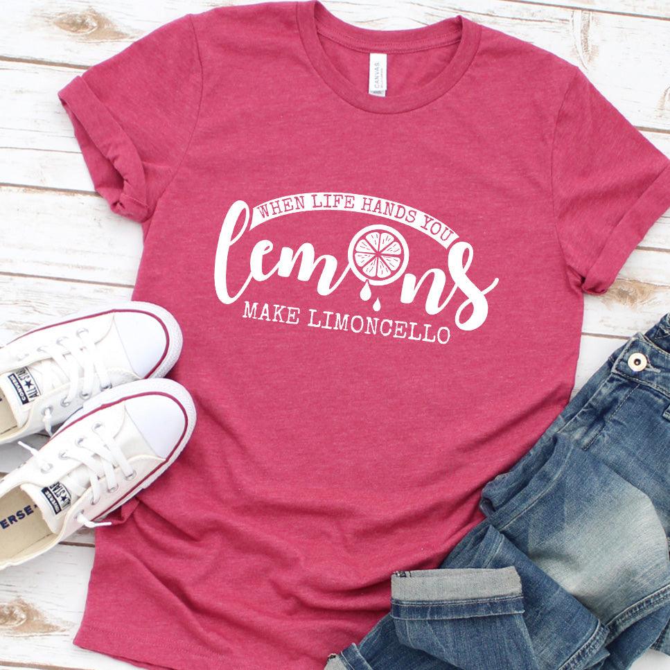 When Life Hands You Lemons Make Limoncello T-Shirt Heather Raspberry - Graphic tee with 'When Life Hands You Lemons Make Limoncello' phrase and lemon design