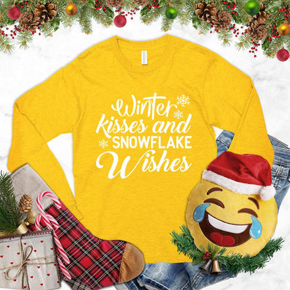 Winter Kisses And Snowflake Wishes Long Sleeves Gold - Festive long sleeve top with winter-inspired phrase and snowflake design