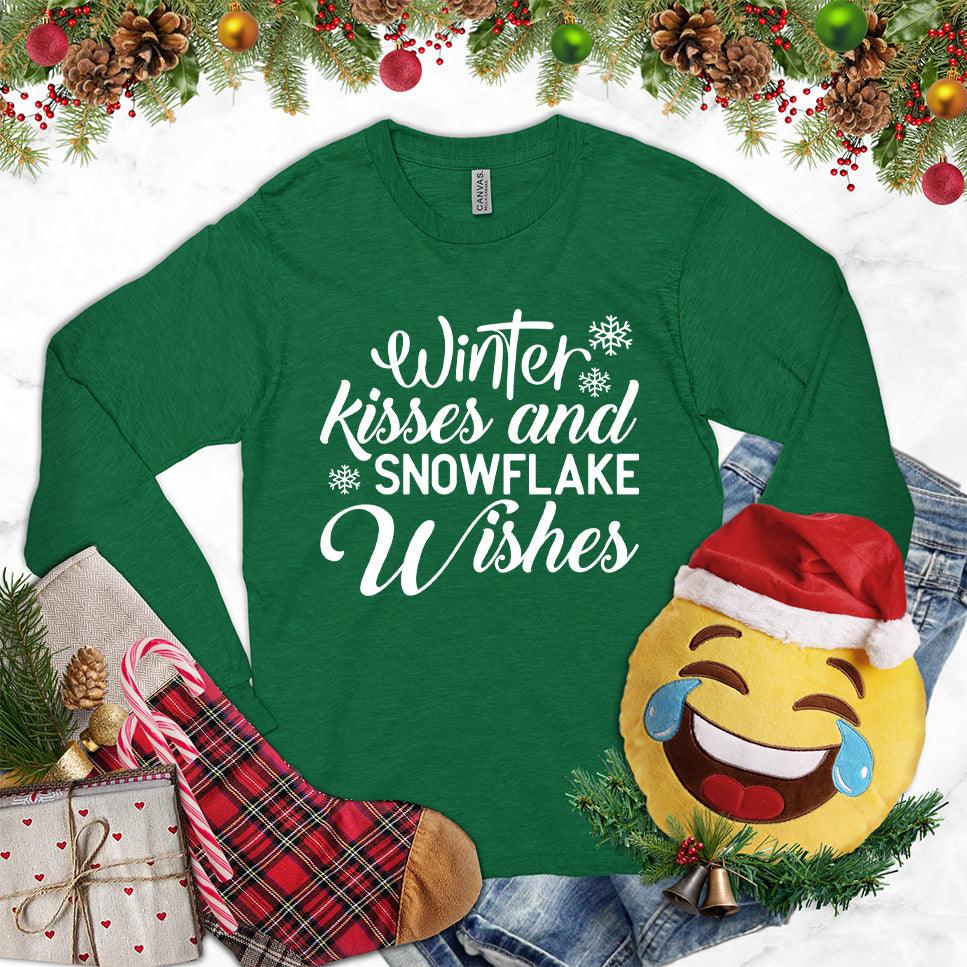 Winter Kisses And Snowflake Wishes Long Sleeves Kelly - Festive long sleeve top with winter-inspired phrase and snowflake design