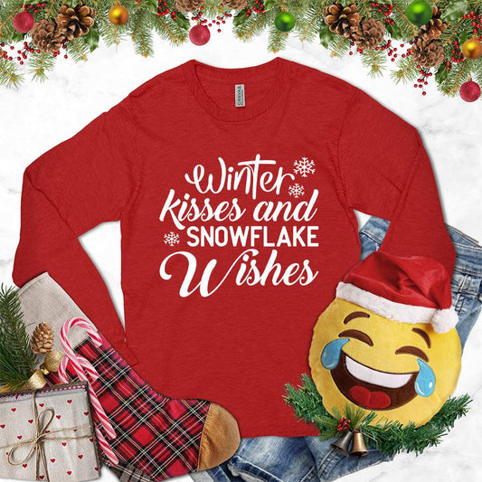 Winter Kisses And Snowflake Wishes Long Sleeves Red - Festive long sleeve top with winter-inspired phrase and snowflake design