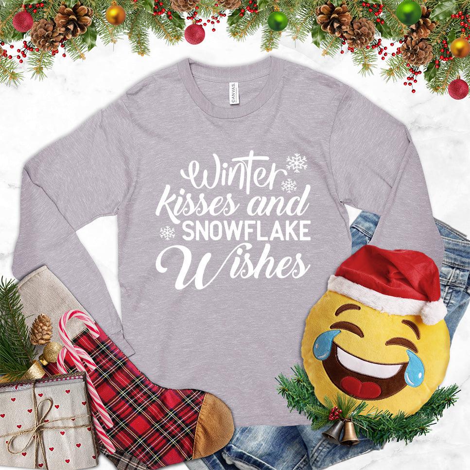 Winter Kisses And Snowflake Wishes Long Sleeves Storm - Festive long sleeve top with winter-inspired phrase and snowflake design