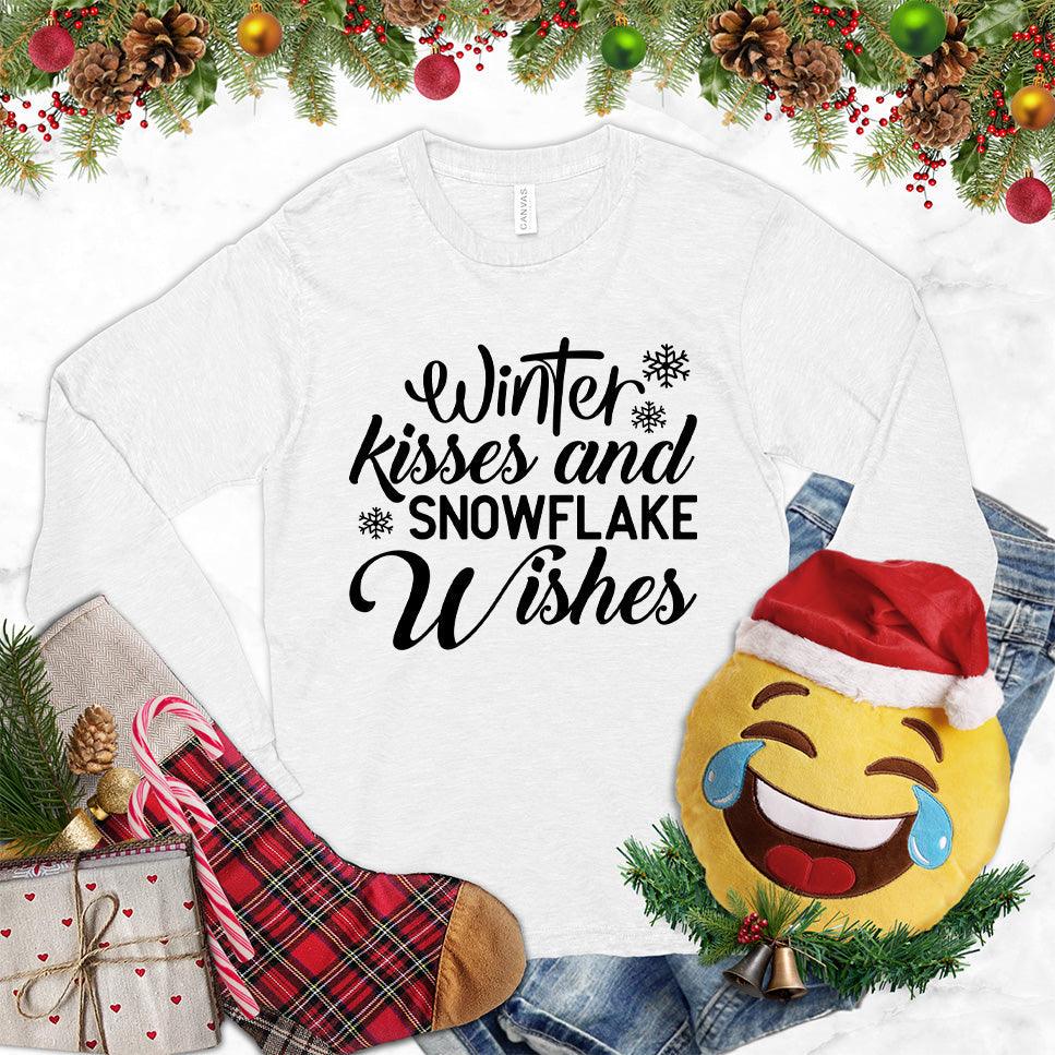 Winter Kisses And Snowflake Wishes Long Sleeves White - Festive long sleeve top with winter-inspired phrase and snowflake design