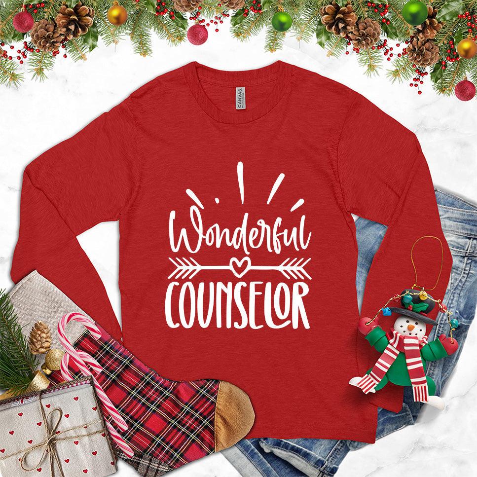 Wonderful Counselor Long Sleeves Red - Inspirational 'Wonderful Counselor' script on long sleeve top for universal appeal