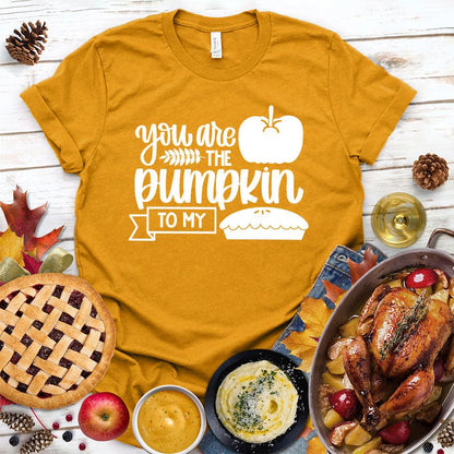 You Are The Pumpkin To My Pie Version 2 T-Shirt Heather Mustard - Cute autumn-themed graphic tee with pumpkin and pie illustration