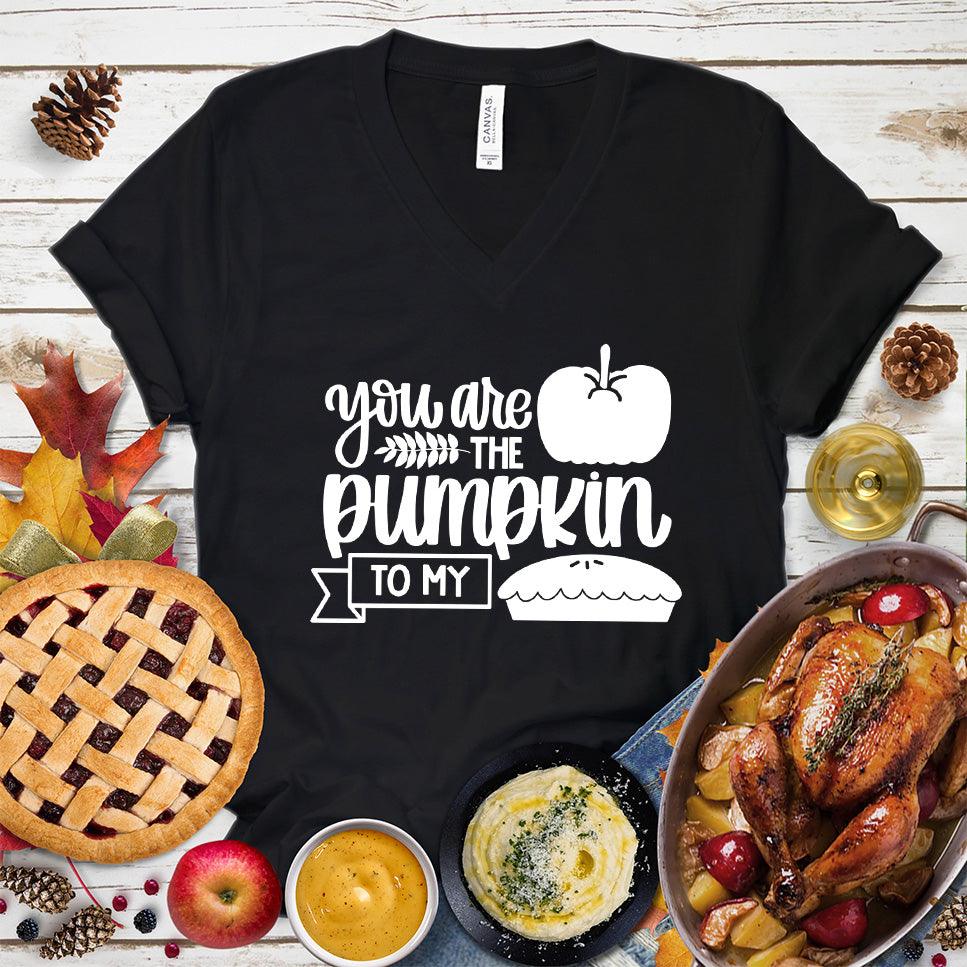 You Are The Pumpkin To My Pie Version 2 V-Neck Black - Fun autumn-themed 'Pumpkin Pie' graphic on v-neck tee for festive occasions