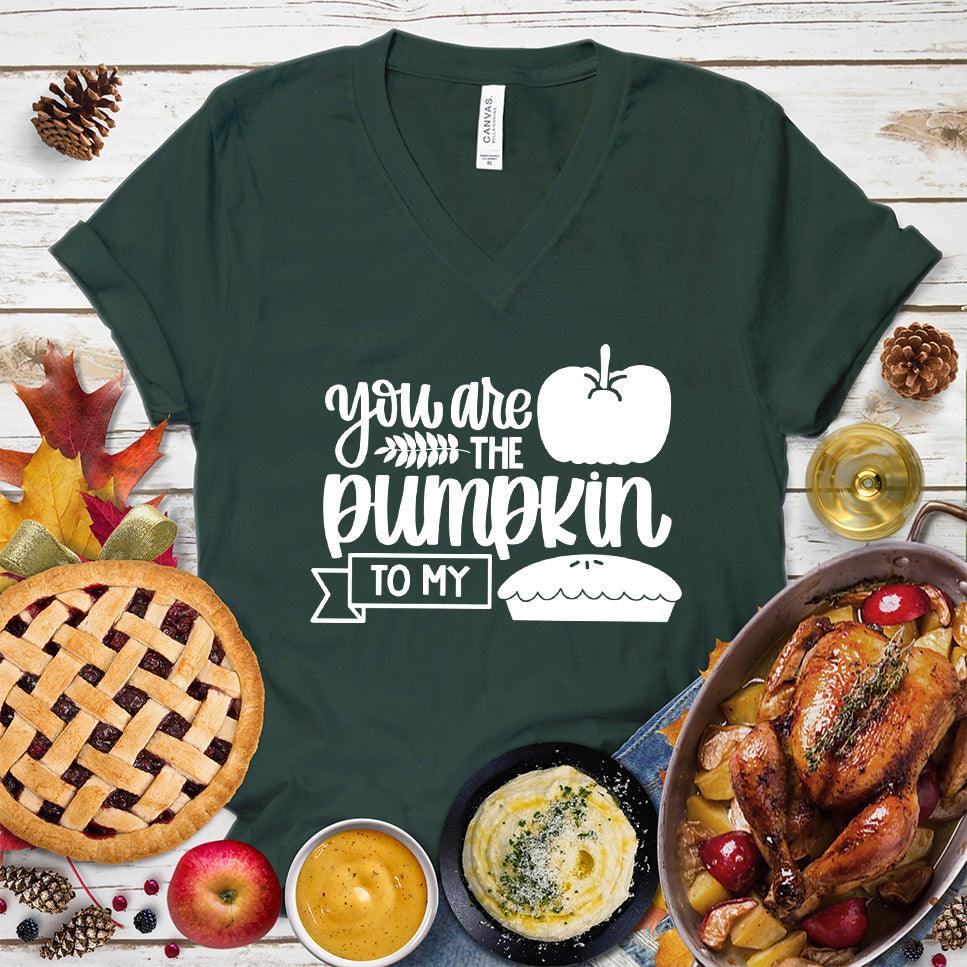 You Are The Pumpkin To My Pie Version 2 V-Neck Forest - Fun autumn-themed 'Pumpkin Pie' graphic on v-neck tee for festive occasions