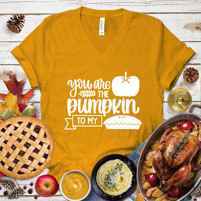 You Are The Pumpkin To My Pie Version 2 V-Neck Mustard - Fun autumn-themed 'Pumpkin Pie' graphic on v-neck tee for festive occasions