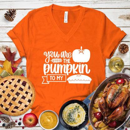 You Are The Pumpkin To My Pie Version 2 V-Neck Orange - Fun autumn-themed 'Pumpkin Pie' graphic on v-neck tee for festive occasions
