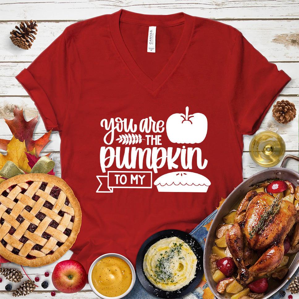 You Are The Pumpkin To My Pie Version 2 V-Neck Red - Fun autumn-themed 'Pumpkin Pie' graphic on v-neck tee for festive occasions