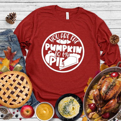 You Are The Pumpkin To My Pie Long Sleeves Red - Autumn-inspired long sleeve shirt with 'Pumpkin & Pie' whimsical design, perfect for fall fashion.