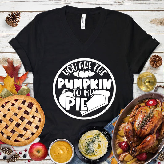 You Are The Pumpkin To My Pie V-Neck Black - Fun autumn-themed "Pumpkin and Pie" graphic V-neck tee for fall celebrations