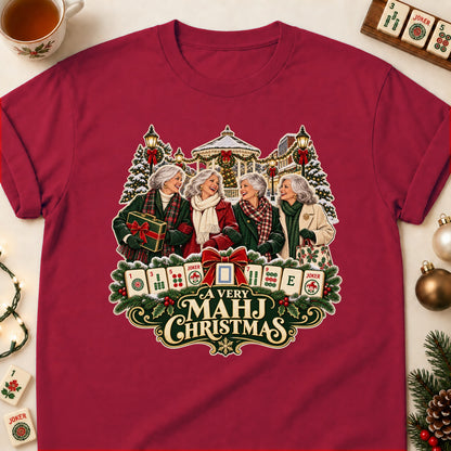 A Very Mahj Christmas mahjong T-shirt in Cardinal Red, laid flat. [bb c=cardinal-red r=flat]