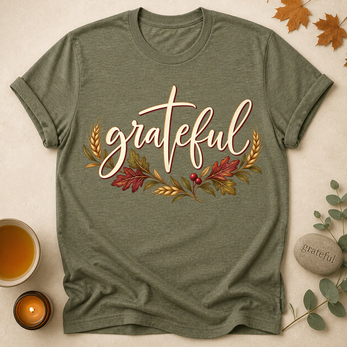 Grateful Fall T-shirt - Heather Military Green - Brooke & Belle