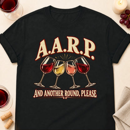 A.A.R.P. And Another Round, Please T-shirt in Black, laid flat. [bb c=black r=flat]