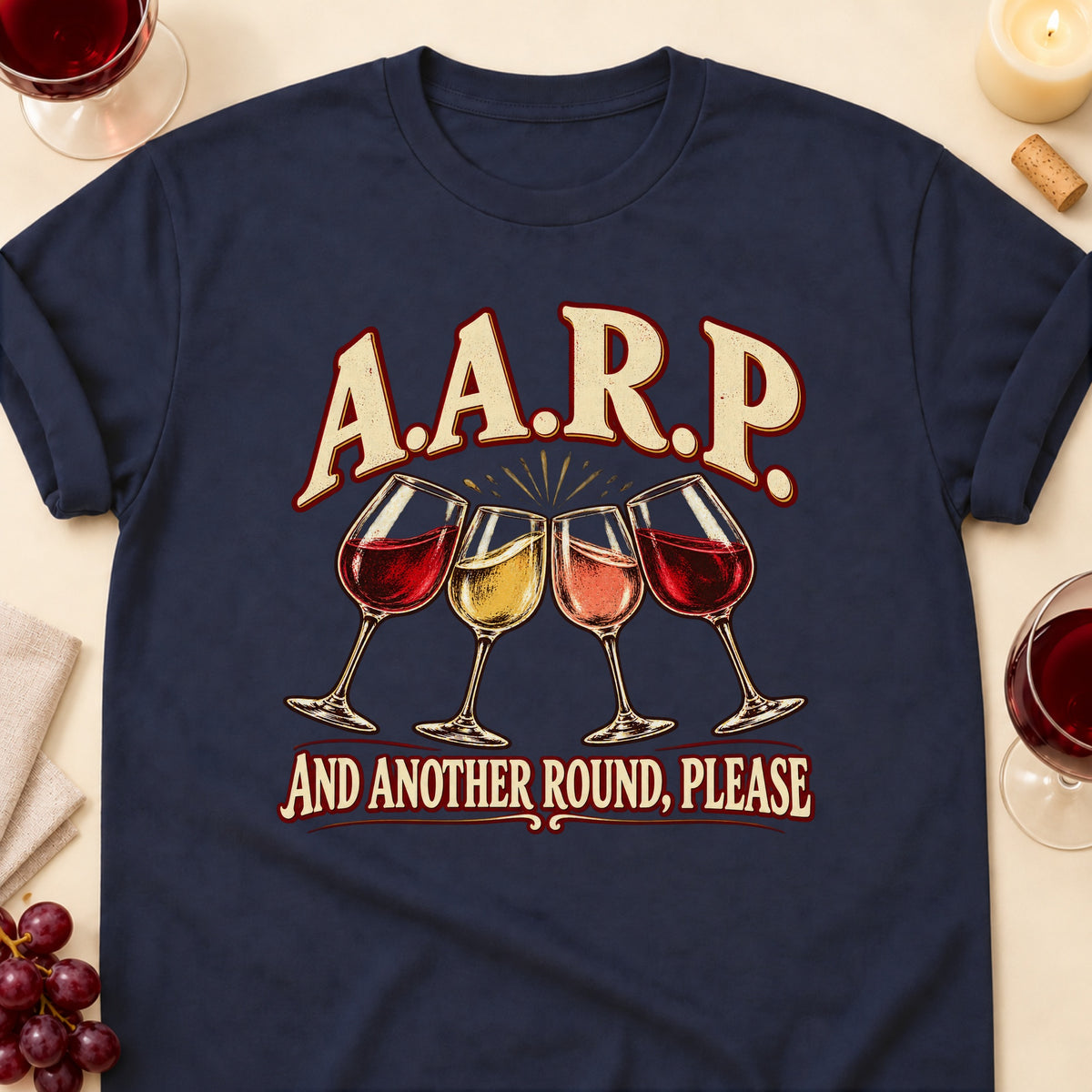 A.A.R.P. And Another Round, Please T-shirt in Navy, laid flat. [bb c=navy r=flat]