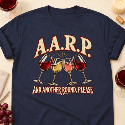 A.A.R.P. And Another Round, Please T-shirt in Navy, laid flat. [bb c=navy r=flat]