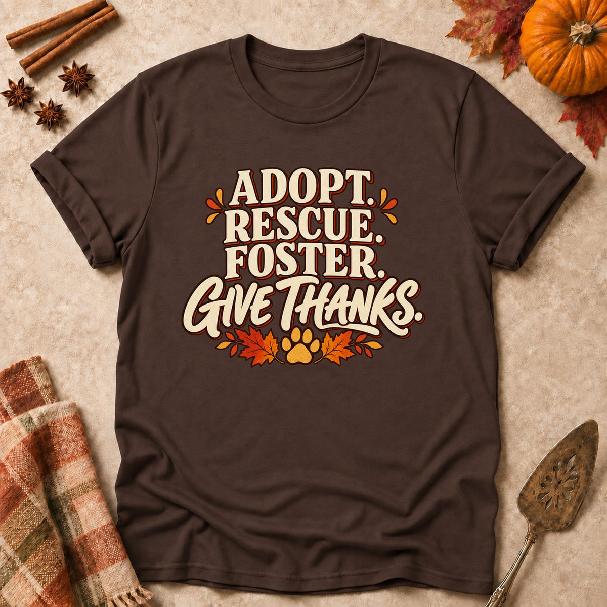 Adopt Rescue Foster dog mom T-shirt in Dark Chocolate, laid flat. [bb c=dark-chocolate r=flat]