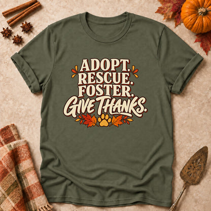 Adopt Rescue Foster dog mom T-shirt in Military Green, laid flat. [bb c=military-green r=flat]