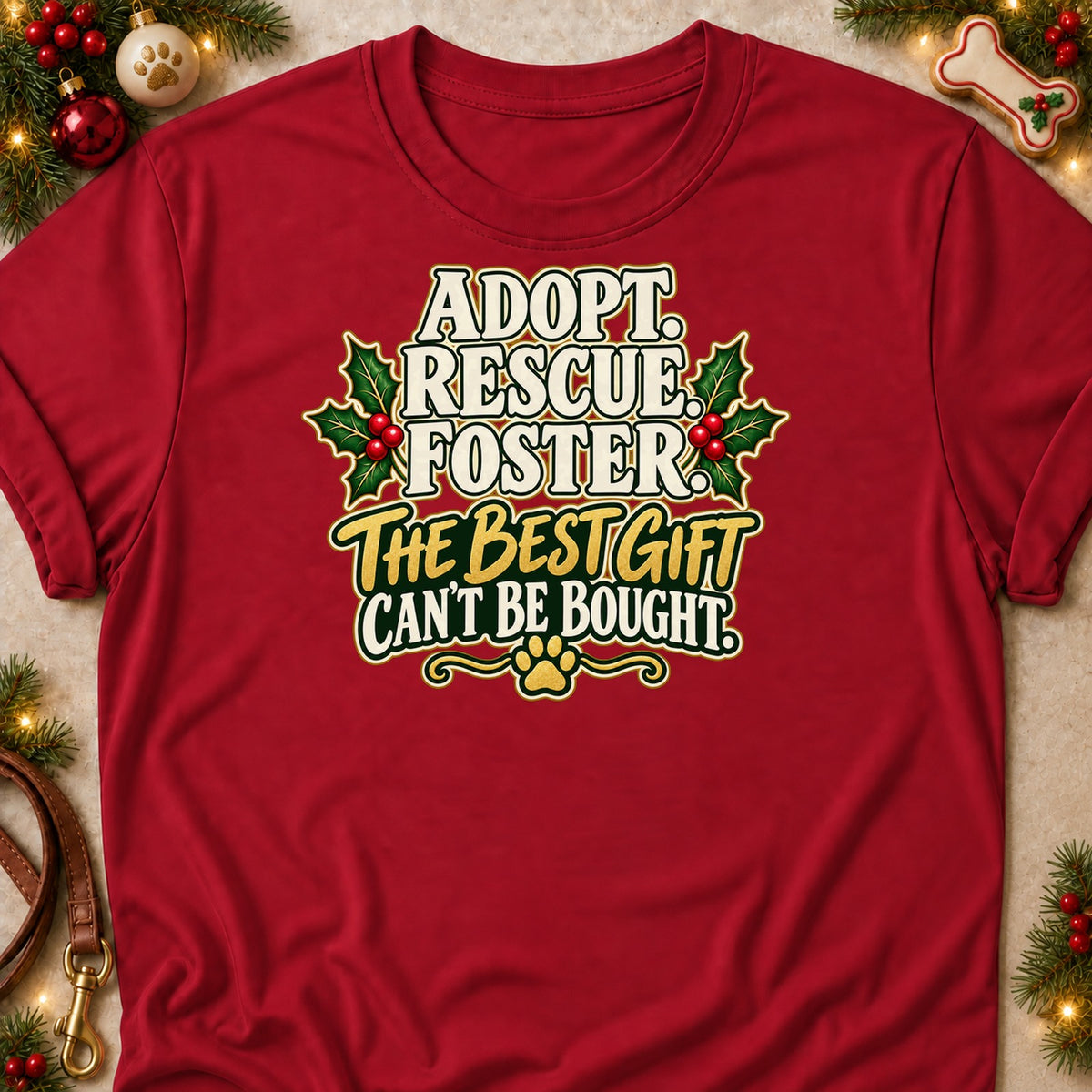 Adopt Rescue Foster dog mom T-shirt in Cardinal Red, laid flat. [bb c=cardinal-red r=flat]