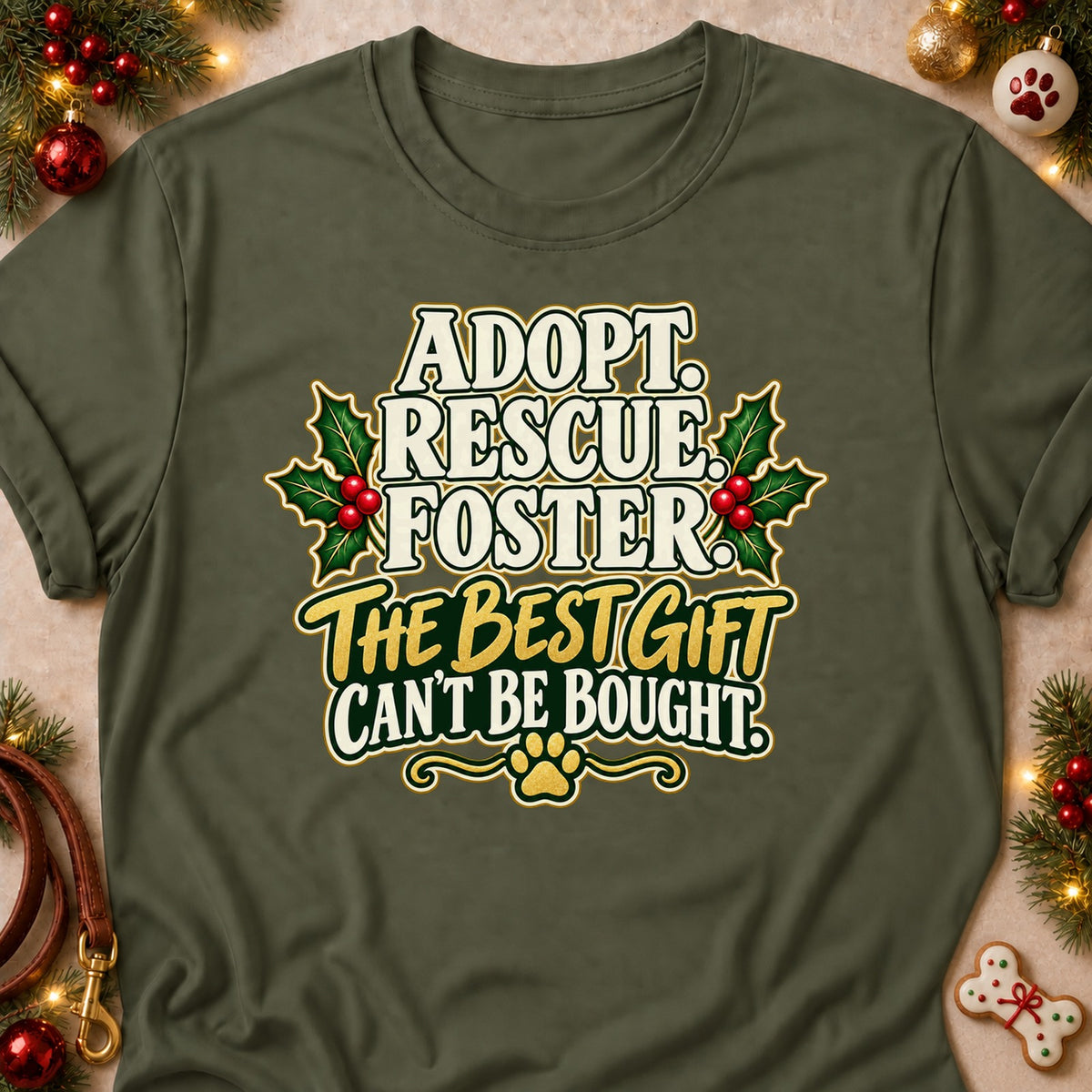 Adopt Rescue Foster dog mom T-shirt in Military Green, laid flat. [bb c=military-green r=flat]