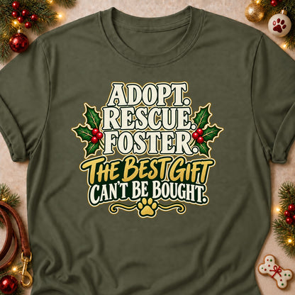 Adopt Rescue Foster dog mom T-shirt in Military Green, laid flat. [bb c=military-green r=flat]