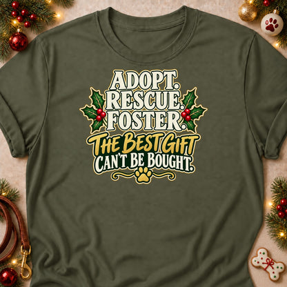 Adopt Rescue Foster dog mom T-shirt in Military Green, laid flat. [bb c=military-green r=flat]