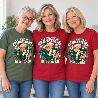 All I Want For Christmas mahjong T-shirt worn by three friends. Friends are wearing M, L and XL. [bb c=all r=friends]