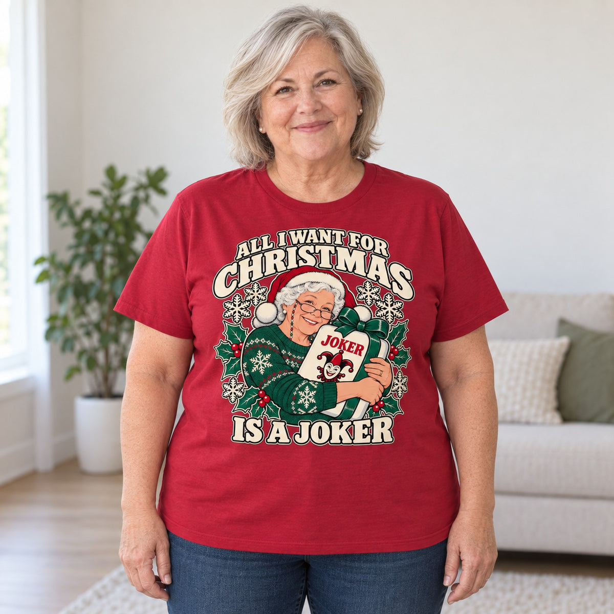 All I Want For Christmas mahjong T-shirt in Cardinal Red, worn by Debra. Debra is 5′4″ and wears her usual size 2XL. [bb c=cardinal-red r=body2]