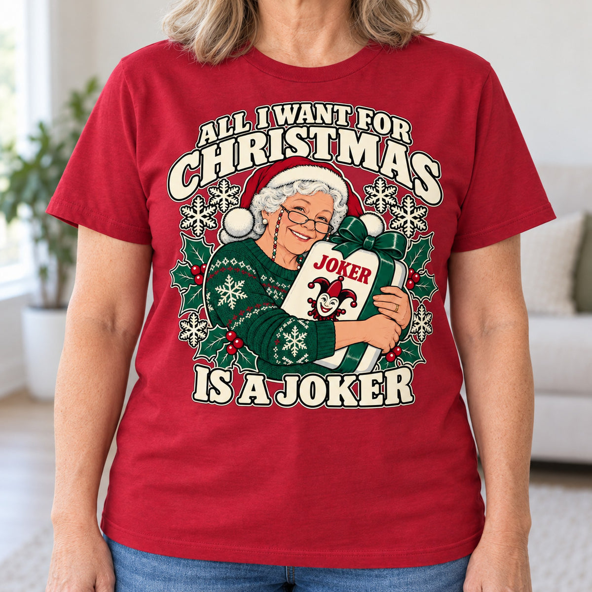 All I Want For Christmas mahjong T-shirt in Cardinal Red, close-up of the print, worn by Susan. Susan is 5′5″ and wears her usual size L. [bb c=cardinal-red r=close]